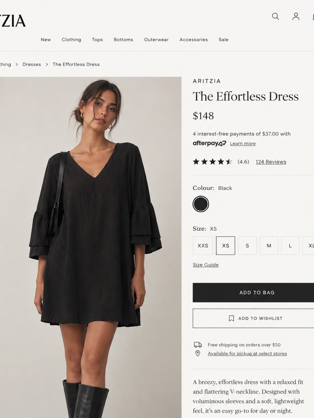 Aritzia Black V‑Neck Mini Dress with Tiered Elbow Sleeves